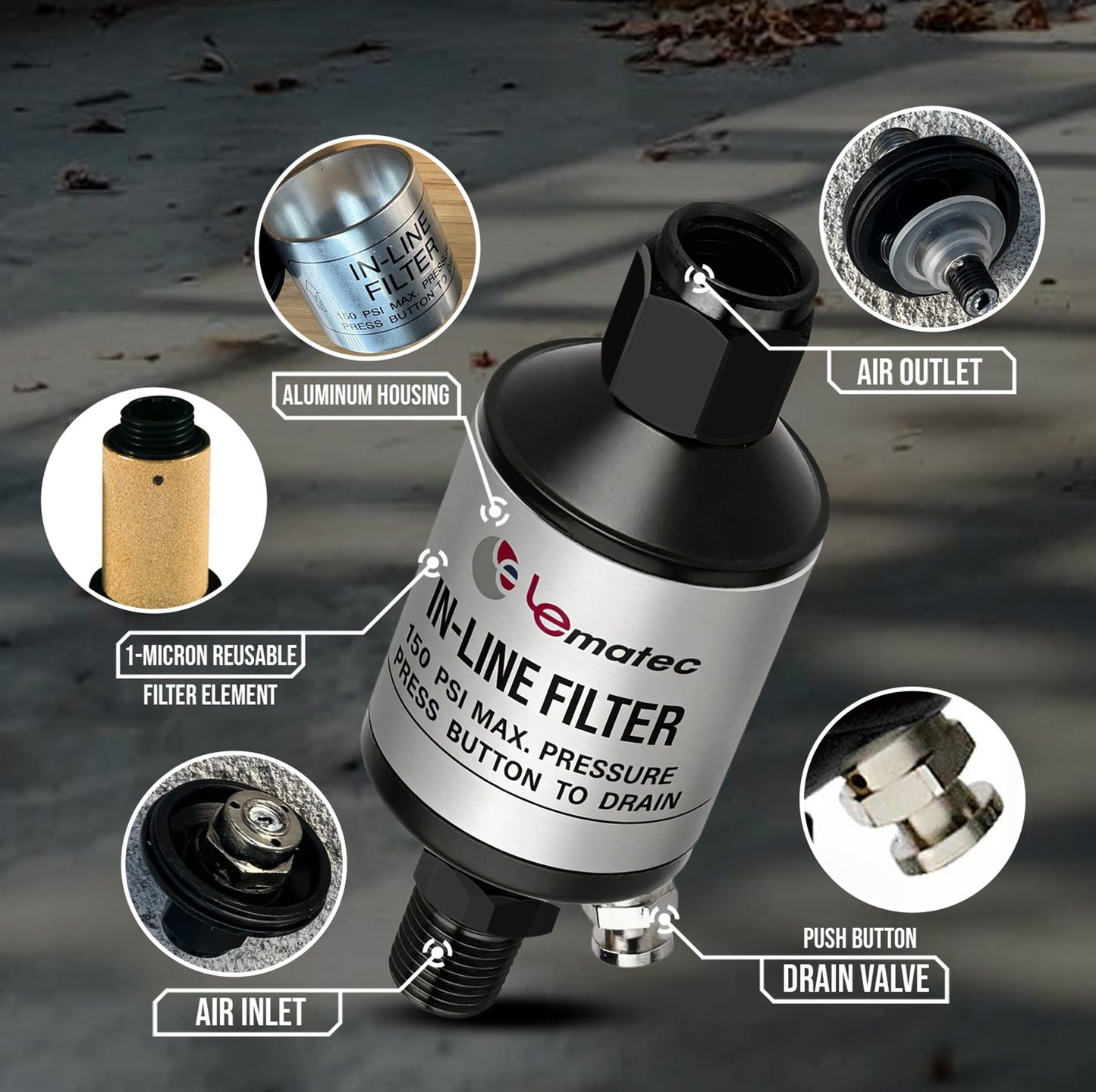 Professional Inline Air Filter System - 150 PSI Aluminum Oil & Water Separator with Drain (AI303)