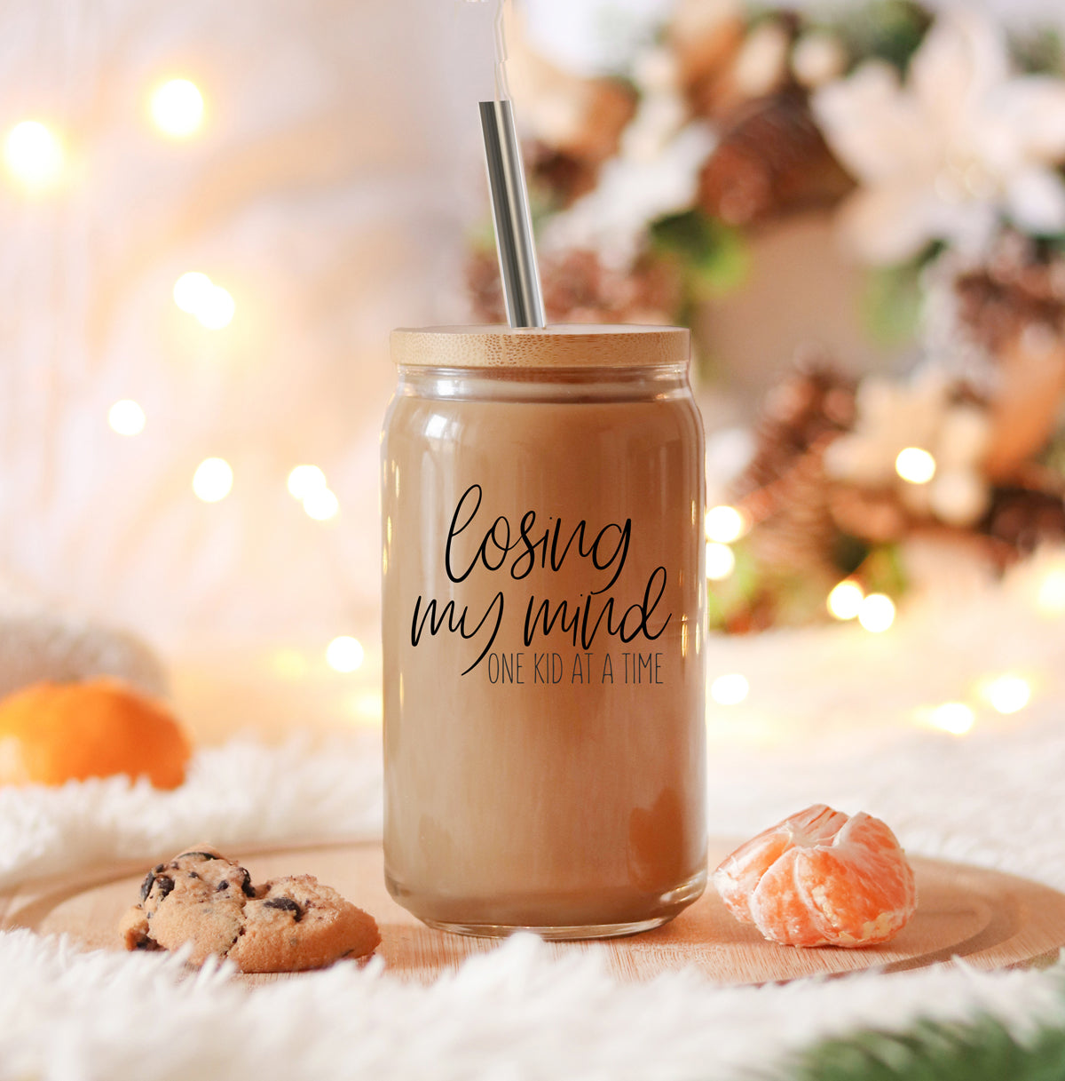 Losing My Mind 17oz Glass Tumbler With Bamboo Lid Stainless Straws Straw Cleaner Gift