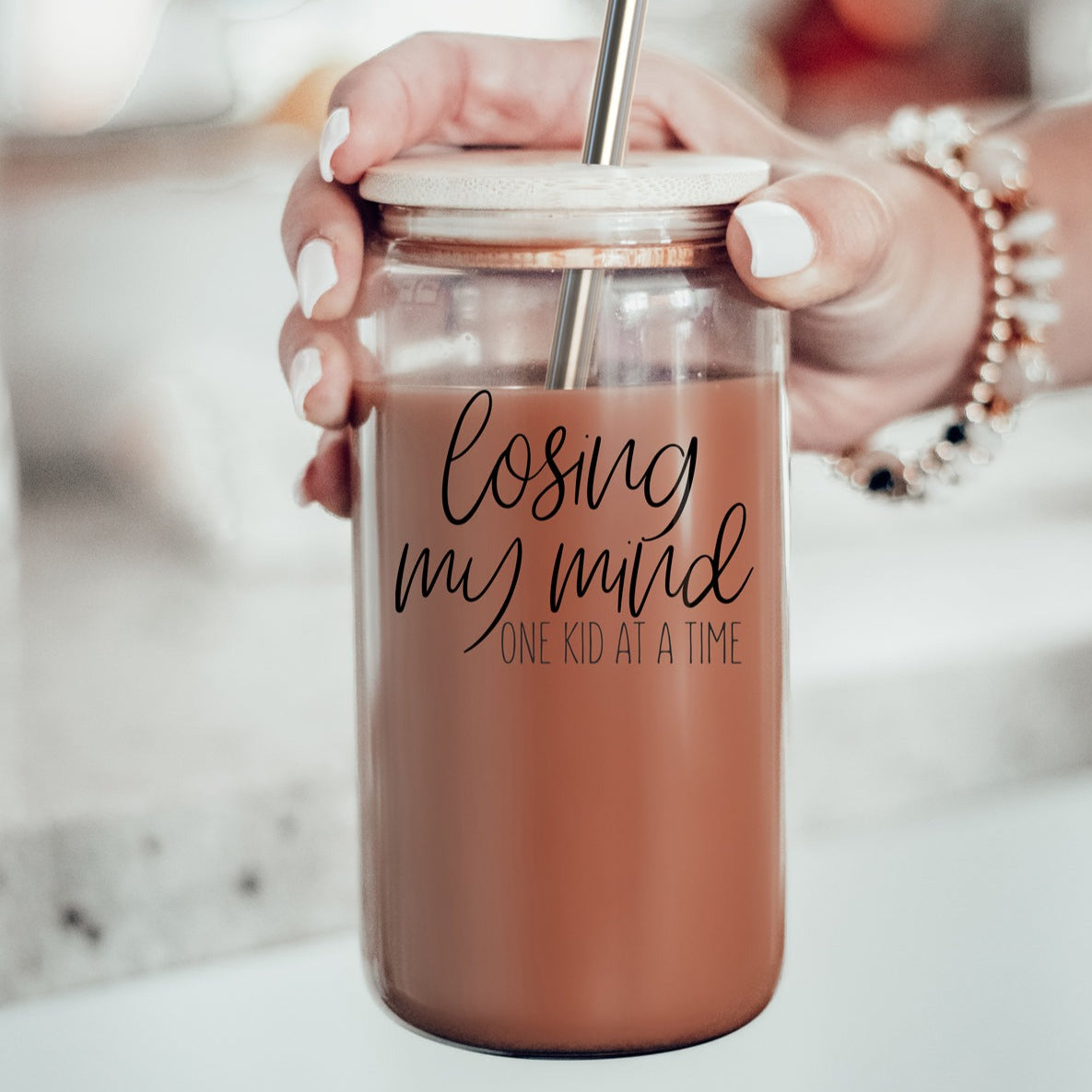 Losing My Mind 17oz Glass Tumbler With Bamboo Lid Stainless Straws Straw Cleaner Gift