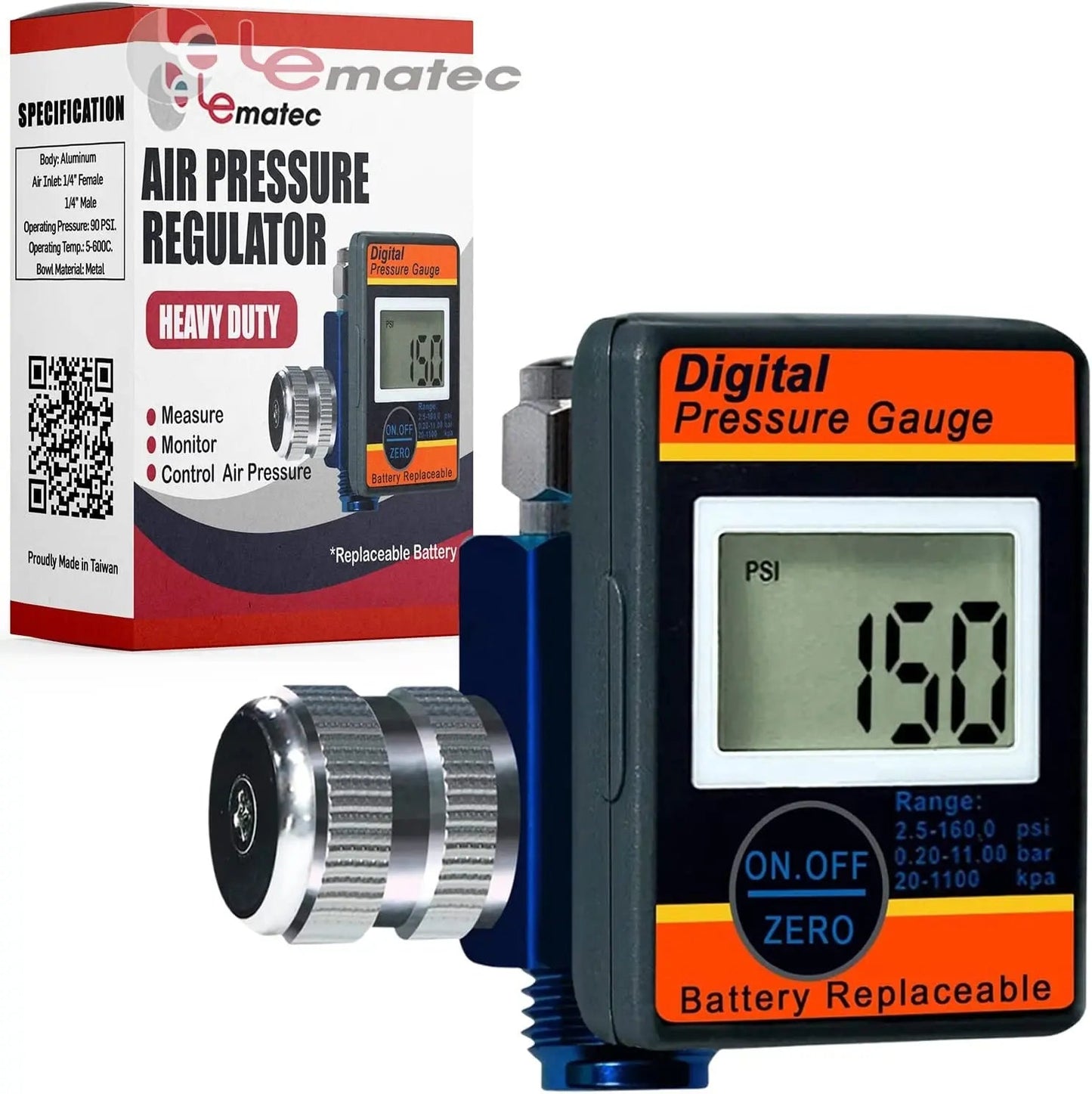 Professional Digital Air Pressure Regulator - Multi-Unit LCD Display with 160 PSI Range (DAR01B)