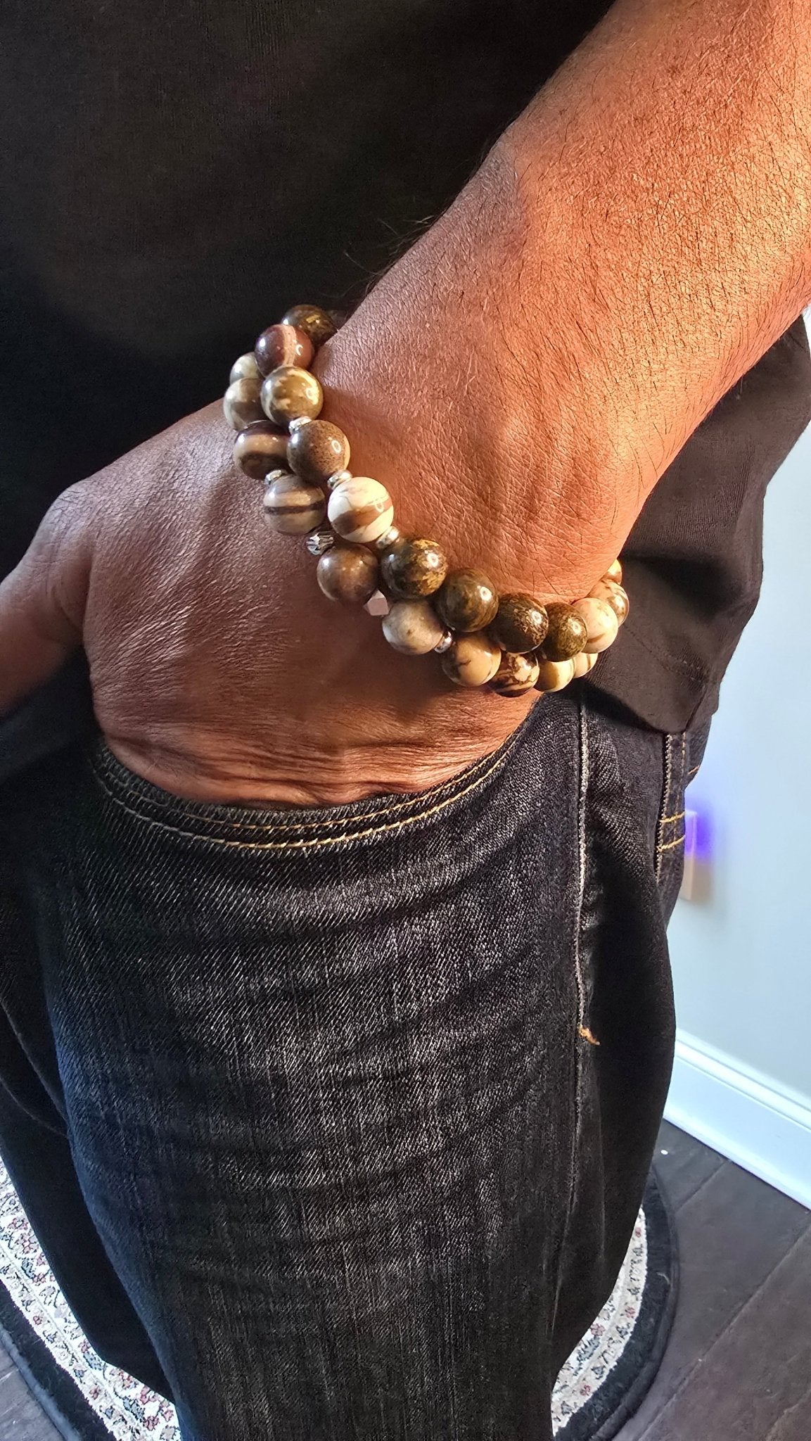 Men's Round striped Tibetan Agate Bracelet set