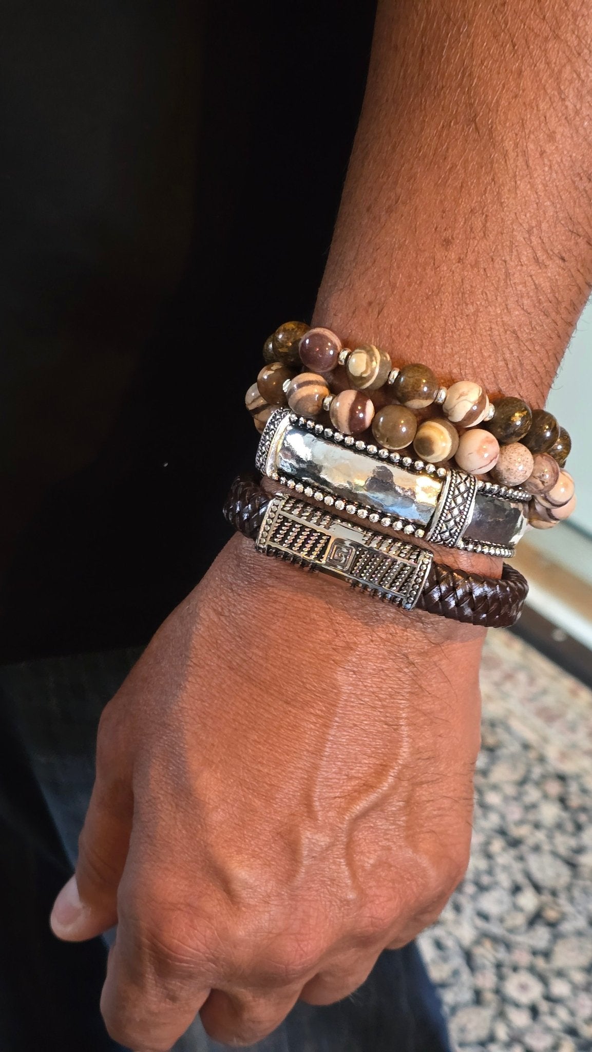 Men's Round striped Tibetan Agate Bracelet set