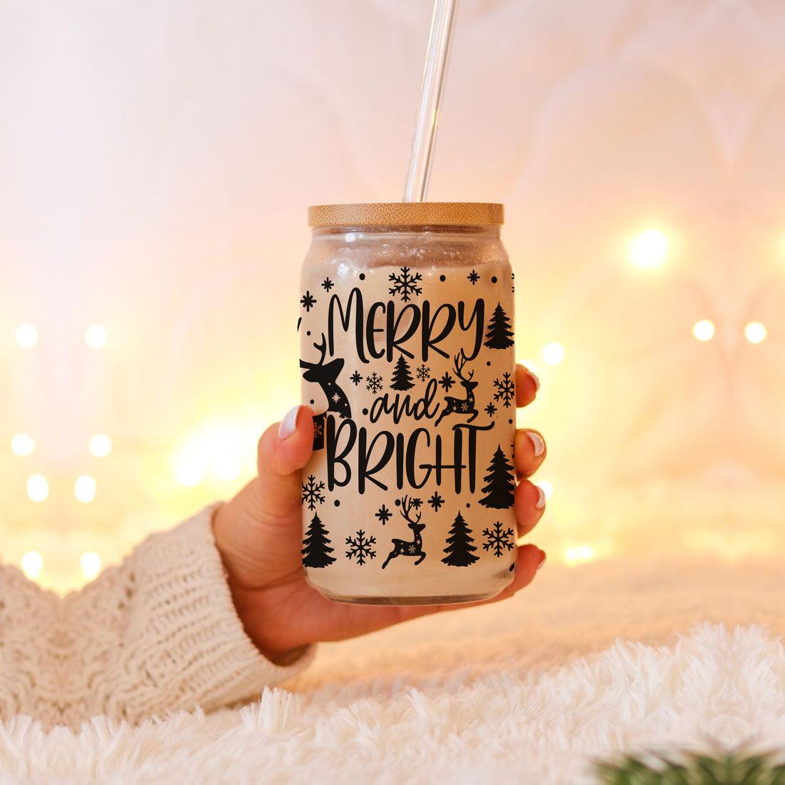 Merry And Bright 17oz Holiday Mug With Reindeer Snowflake Tree Black Lettering
