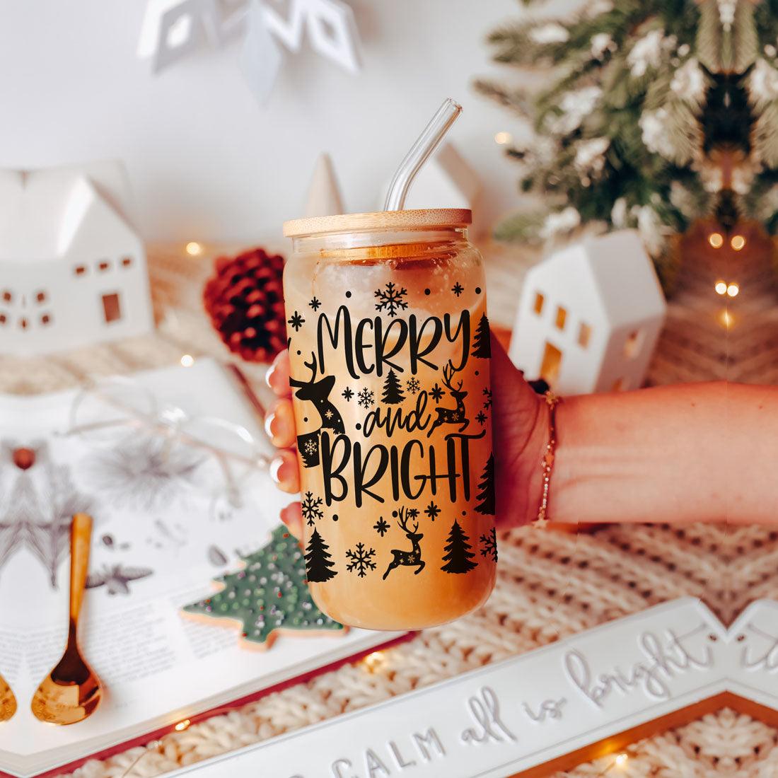 Merry And Bright 17oz Holiday Mug With Reindeer Snowflake Tree Black Lettering
