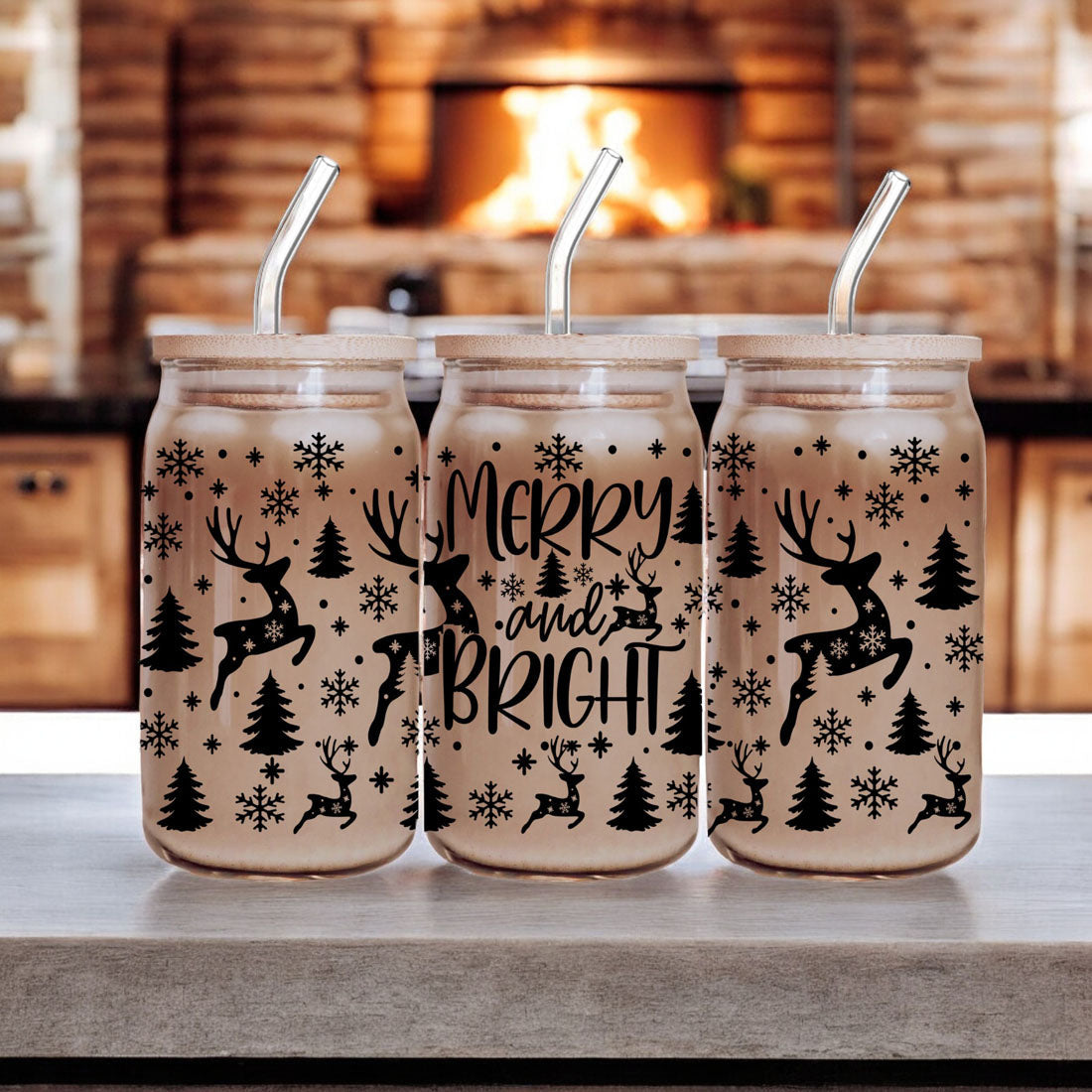 Merry And Bright 17oz Holiday Mug With Reindeer Snowflake Tree Black Lettering