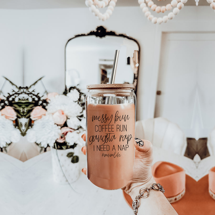 Messy Bun 17oz Glass Tumbler With Bamboo Lid Stainless Straws Mom Life Coffee Run Gift