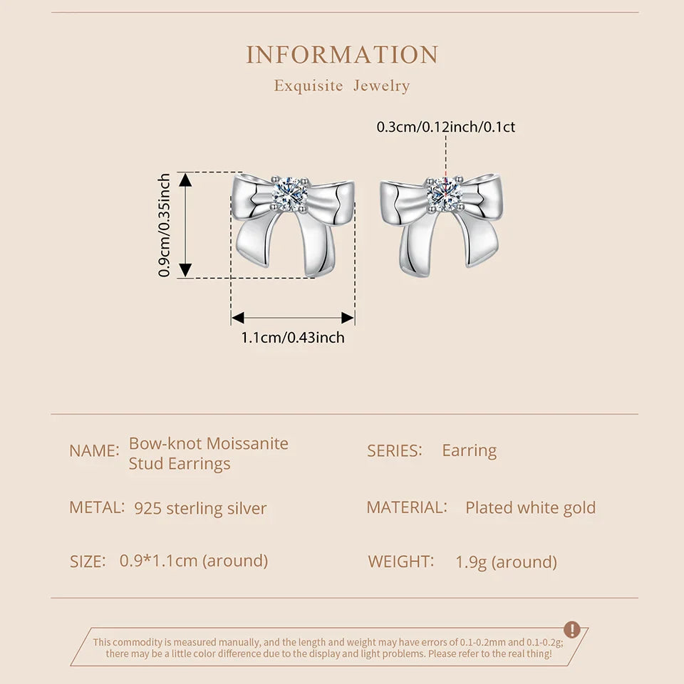 Moissanite Bowknot Stud Earrings S925 Silver Clip-On Wedding Engagement Gift