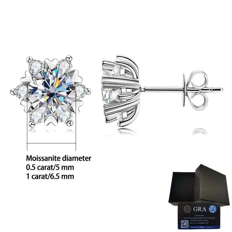 Moissanite 925 Sterling Silver Snowflake Stud Earrings 1CT VVS1 Certificate