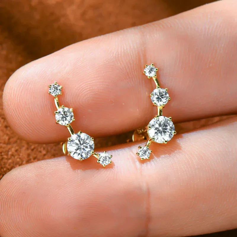 Moissanite Stud Climber Earrings 925 Sterling Silver Round For Women Gift Box