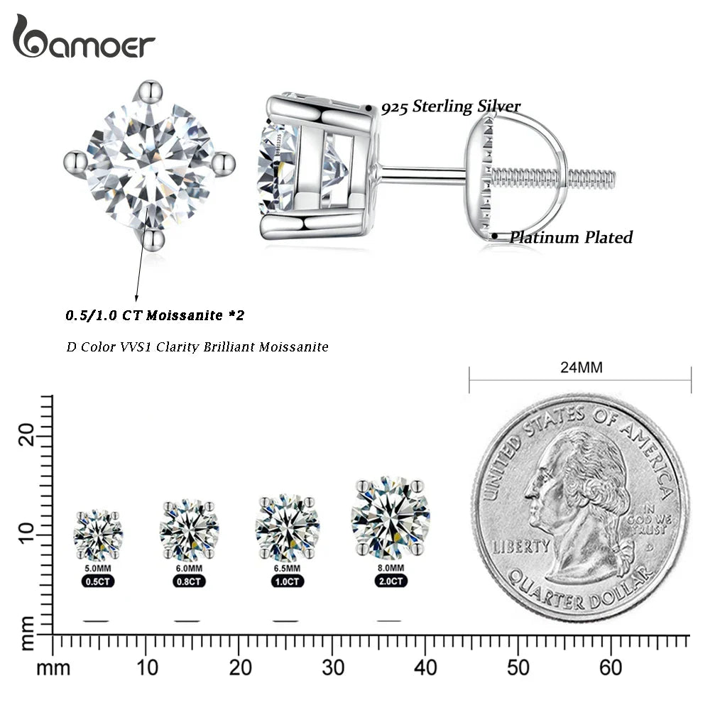 Moissanite Stud Earrings 0.5-1ct Screw Back D VVS1 Lab Created White Gold