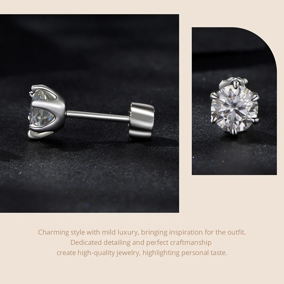 Moissanite Stud Earrings 925 Sterling Silver White Gold Plated Huggie Screwback