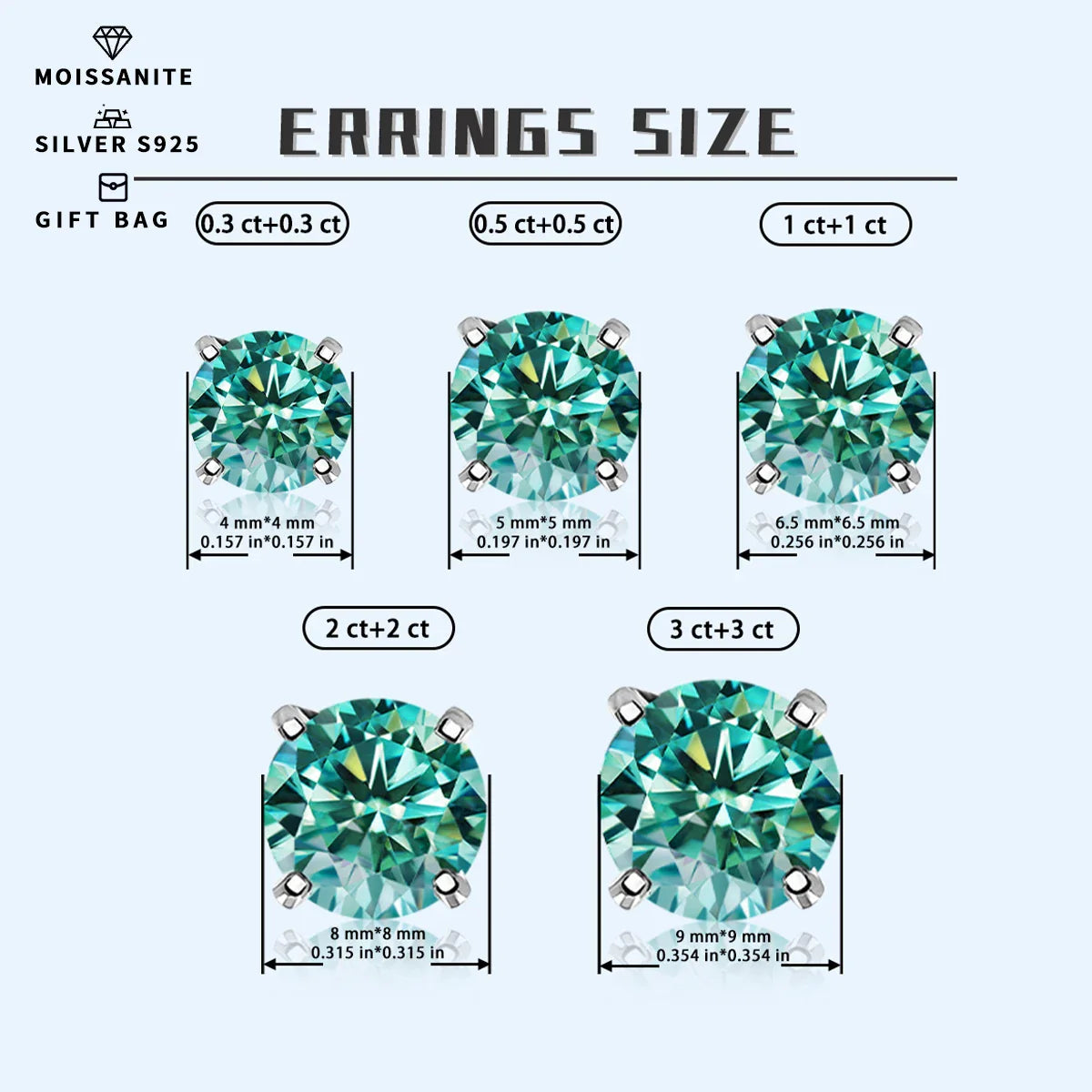 Moissanite Stud Earrings 0.3-3ct Certified S925 Sterling Silver Cyan Colorfast