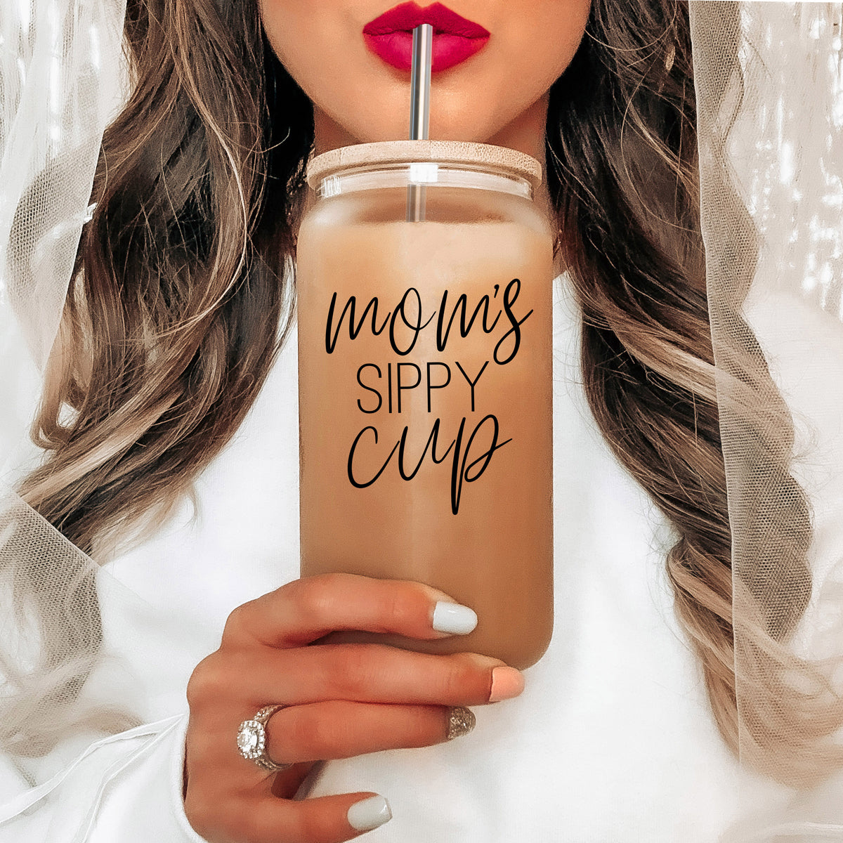 Mom's Sippy 17oz Glass Tumbler With Bamboo Lid 2 Stainless Straws And Cleaner