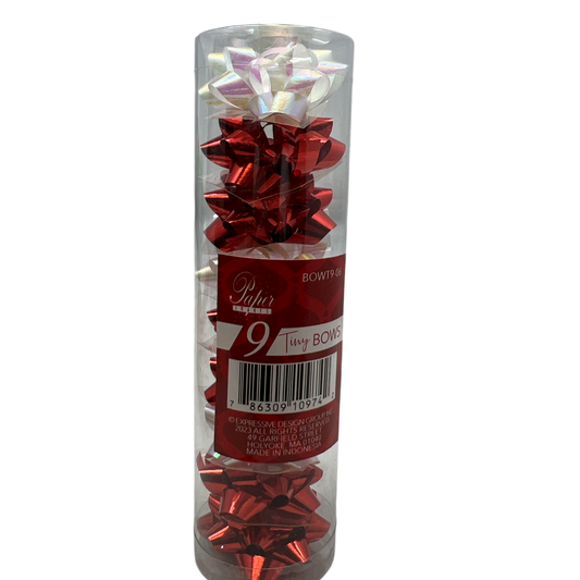 9 Tiny Metallic Bows In A Tube - White Pearlized/Red Metallic