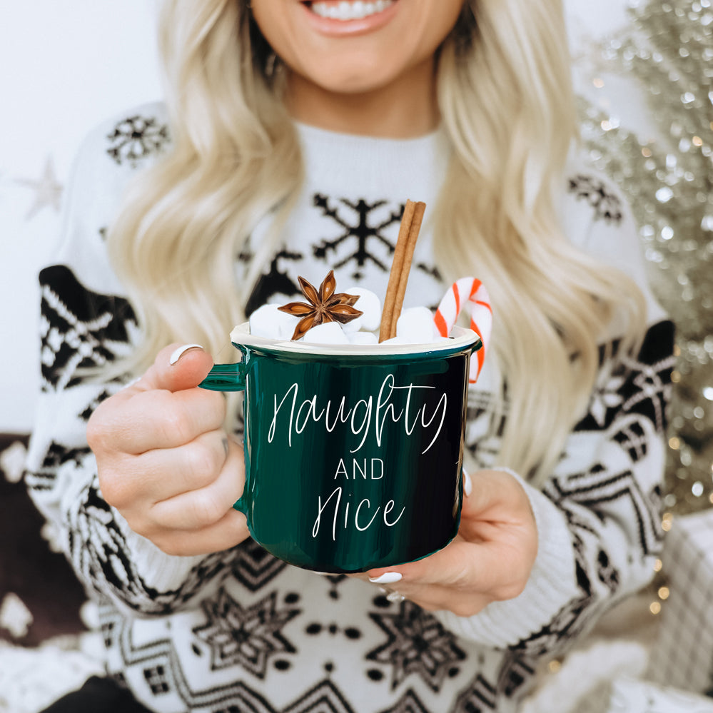 Naughty And Nice Coffee Mug Ceramic Campfire Style 14.5oz Red Or Green Double Side Design