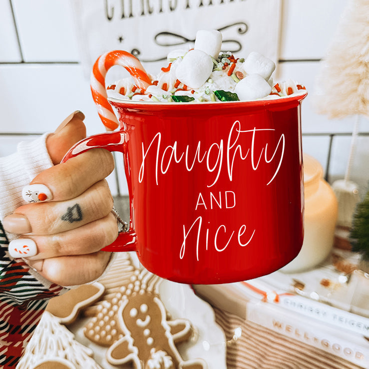 Naughty And Nice Coffee Mug Ceramic Campfire Style 14.5oz Red Or Green Double Side Design