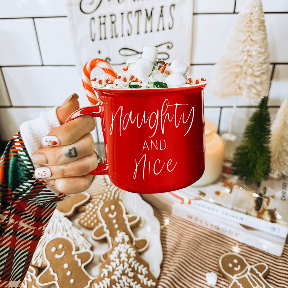 Naughty And Nice Coffee Mug Ceramic Campfire Style 14.5oz Red Or Green Double Side Design