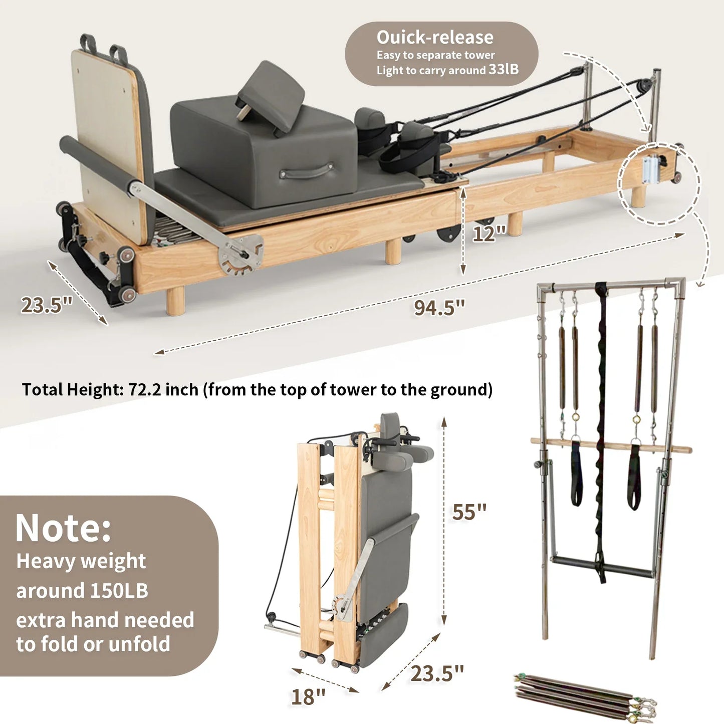Nexace Wood Foldable Pilates Reformer with Tower
