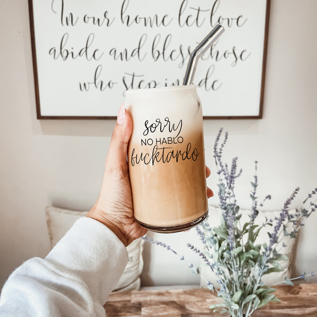 No Hablo 17oz Glass Tumbler With Bamboo Lid, 2 Stainless Straws And Cleaner