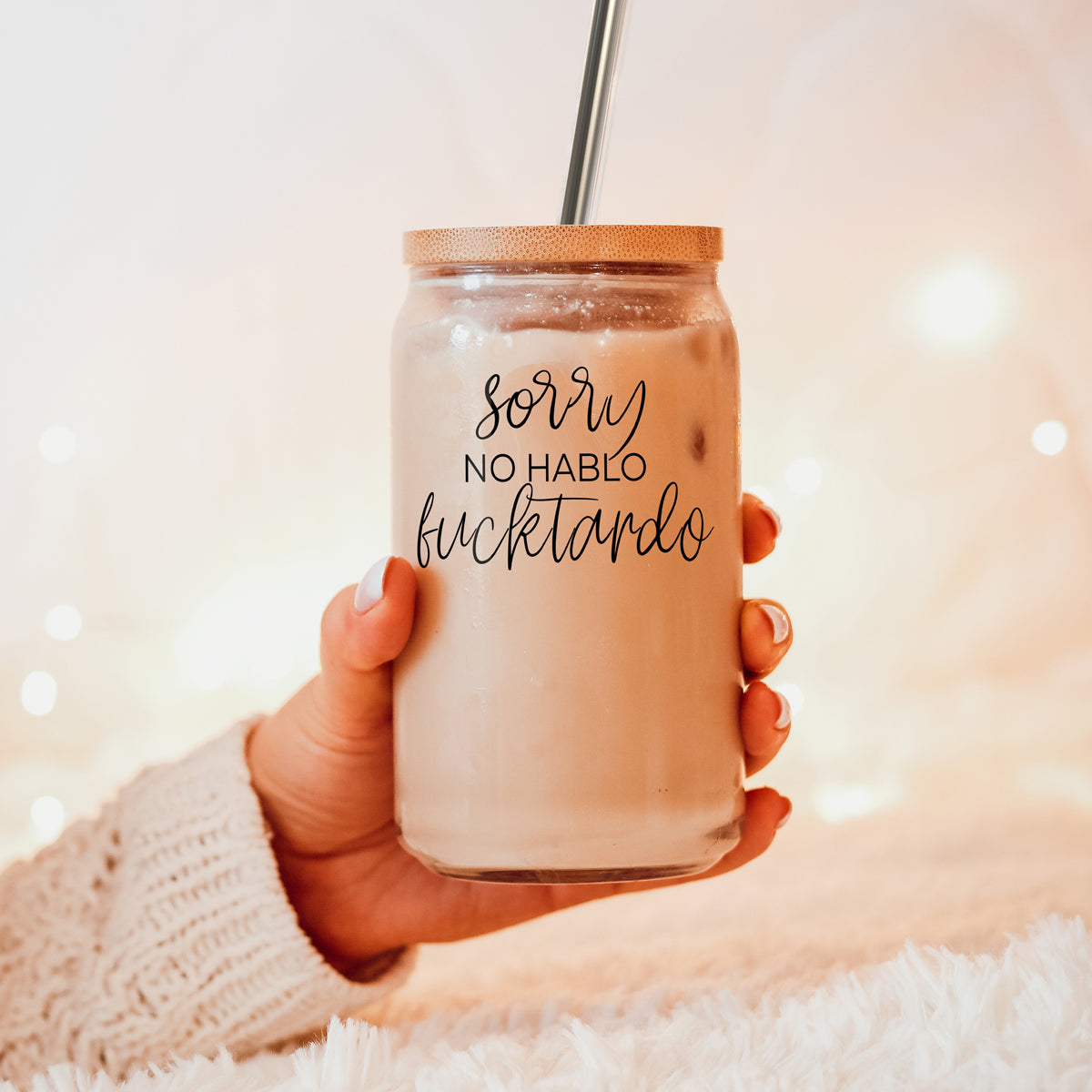 No Hablo 17oz Glass Tumbler With Bamboo Lid, 2 Stainless Straws And Cleaner