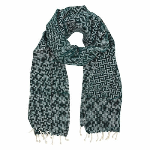 Organic Cotton Diamond Scarf 67x12 In Handloom With Tassel Fringe Earthy Tones