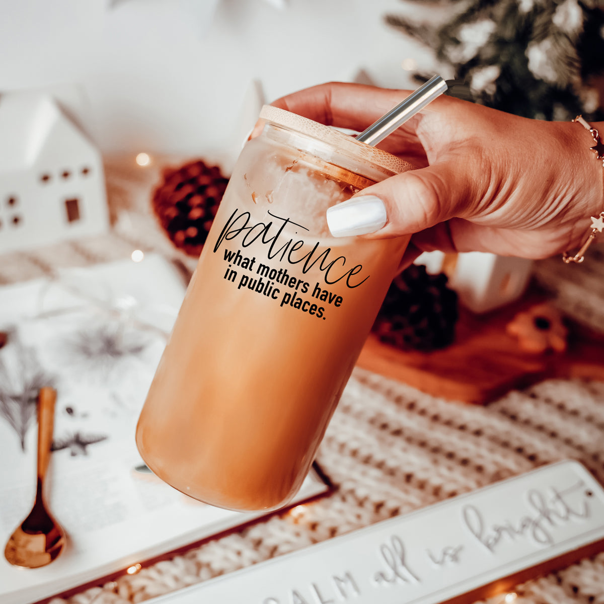 17oz Glass Tumbler With Bamboo Lid And 2 Stainless Straws, Mom Humor
