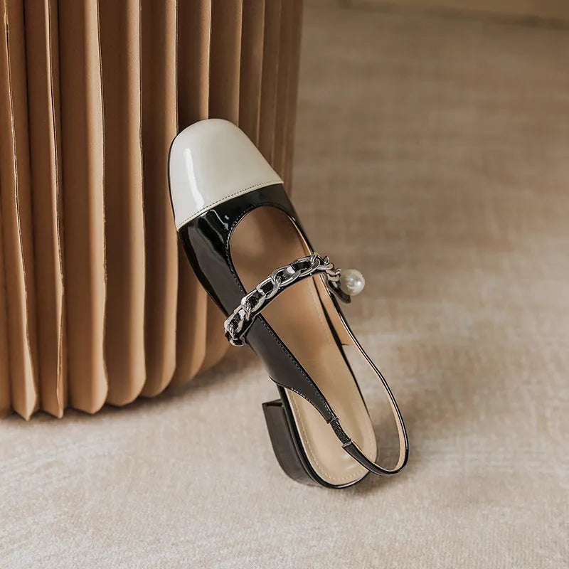 Pearl chain shallow mouth back hollow thick heel color blocked Mary Jane sandals for women