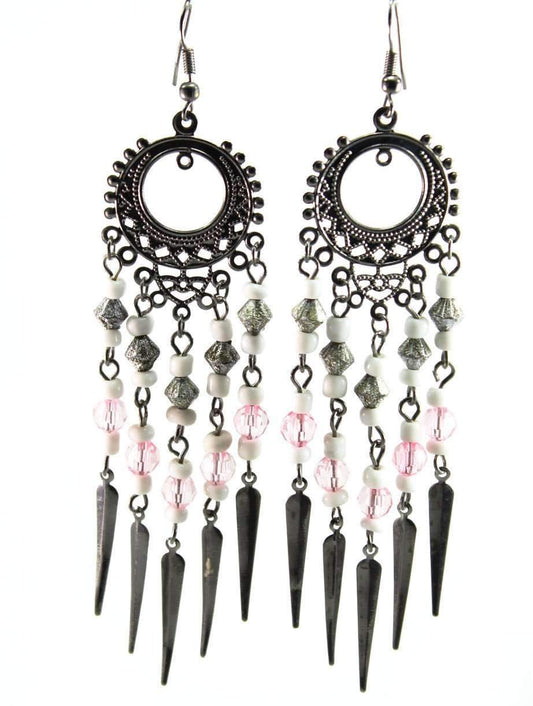 Pink Chandelier Dangle Earrings Beaded Boho Statement