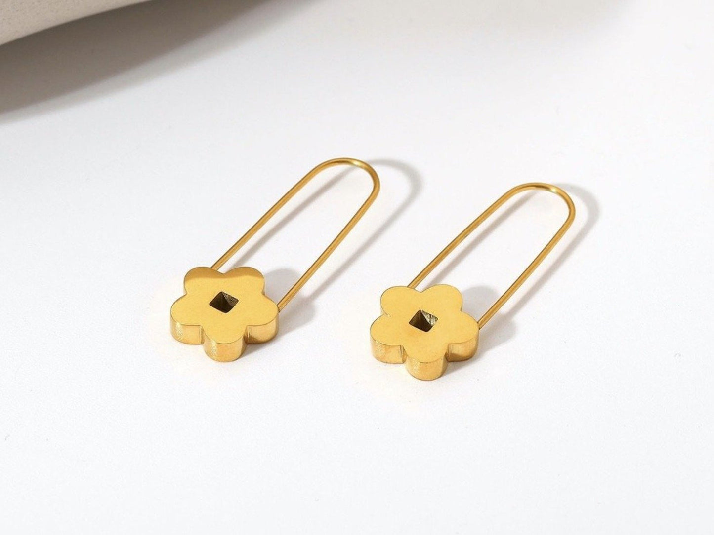 Pink Floral Drop Earrings Gold Plated Dainty Flower