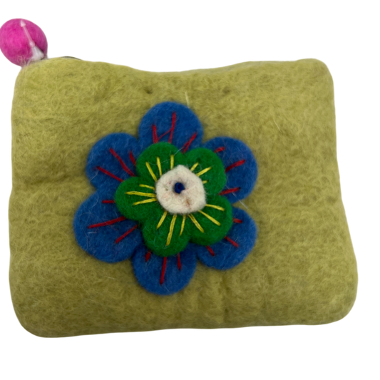 Felt Wool  Olive Green Coin Purse with Flower Applique