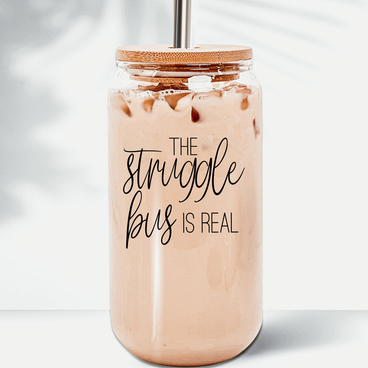 Struggle Bus 17oz Glass Tumbler Bamboo Lid 2 SS Straws and Cleaner Brush