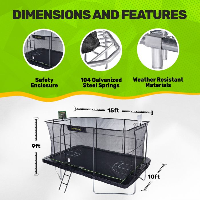 Jumpking 10'x15' Rectangle Trampoline with 2 Powder Coated Basketball Hoops with Breakaway Rims, Enclosure Net, and Ladder