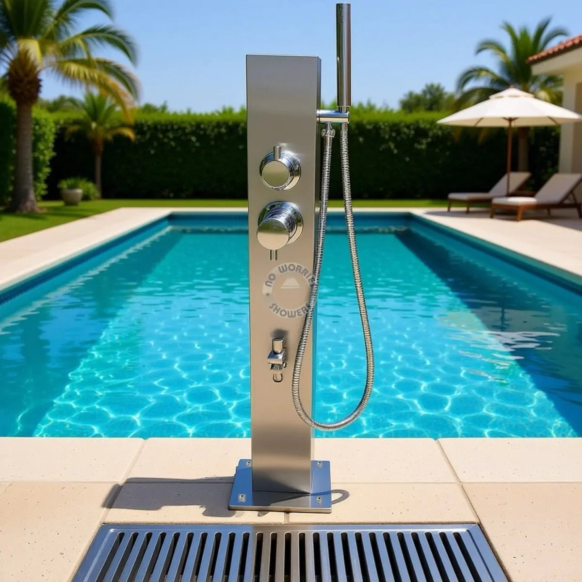 No Worries Showers Rio Wash Station 316L Marine Stainless Steel with Garden Hose Nib, Hot & Cold Mixer & Hand Shower Wand