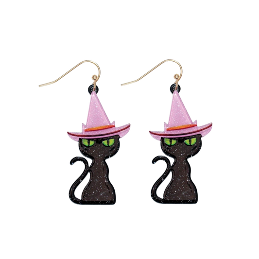 Purple Hat Black Cat Earrings