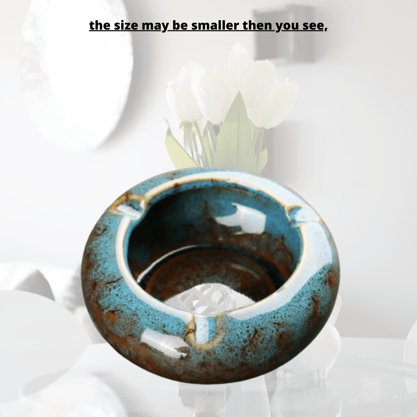 Round Glossy Ceramic Ashtrays + Flameless Lighter (BLUISH)