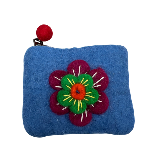 Felt Wool  Bright Sky Blue Coin Purse with Flower Applique