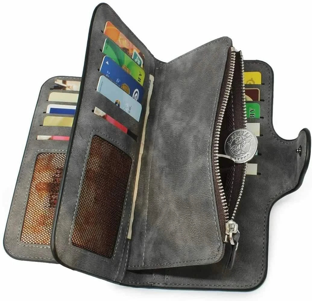 Vintage Faux Leather Long Wallet – Trifold Credit Card Holder with Snap & Zipper