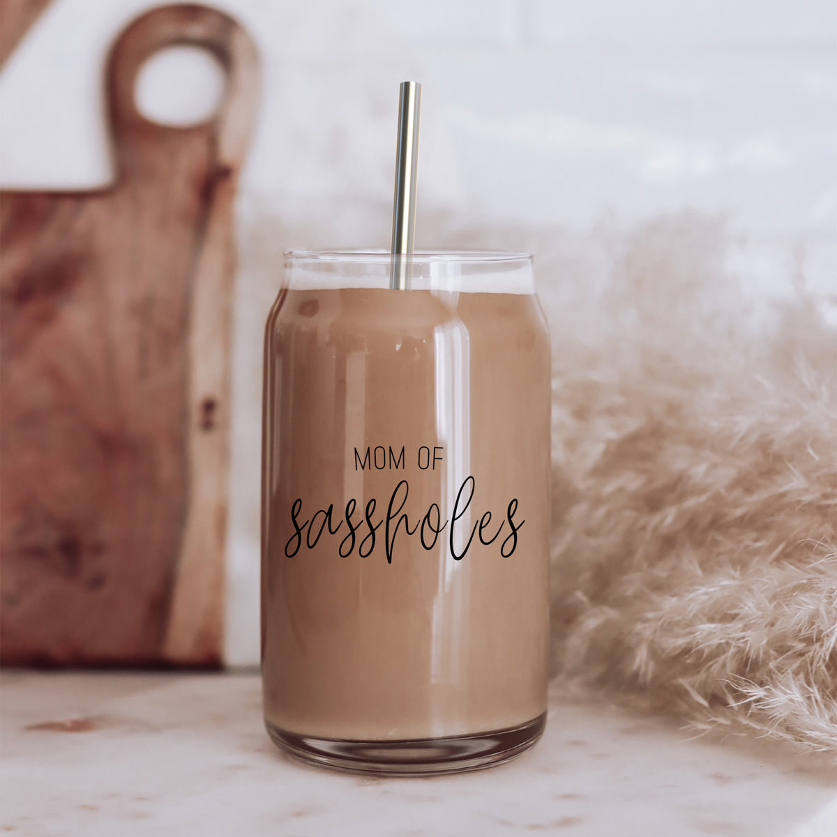 Funny Mom 17oz Glass Tumbler With Bamboo Lid, 2 Stainless Straws and Cleaner