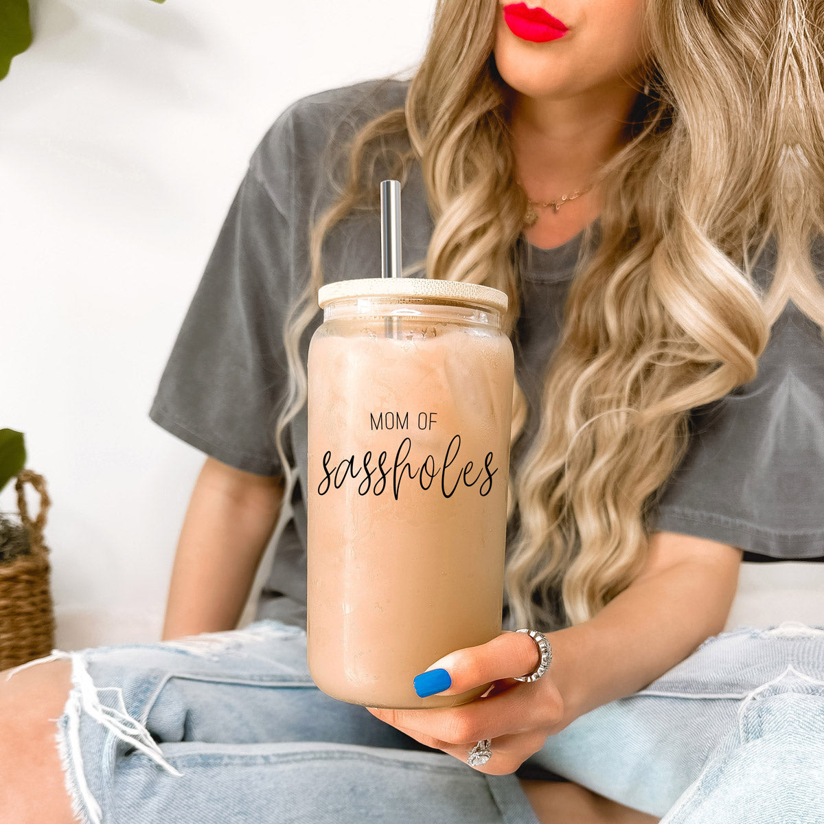 Funny Mom 17oz Glass Tumbler With Bamboo Lid, 2 Stainless Straws and Cleaner