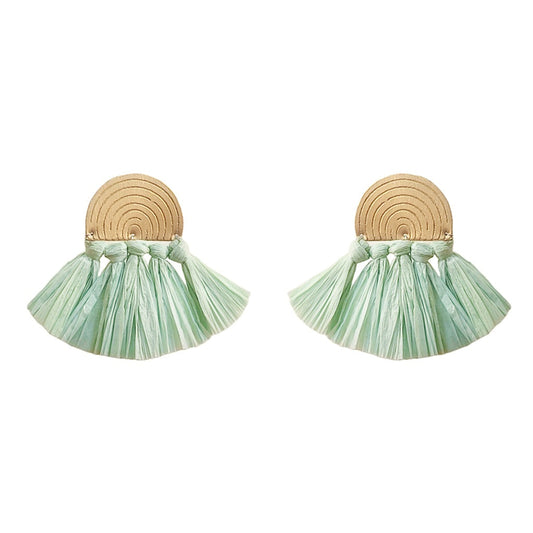 Sea Green Raffia Fan Earrings Lightweight Boho Brass Dangle Summer Jewelry