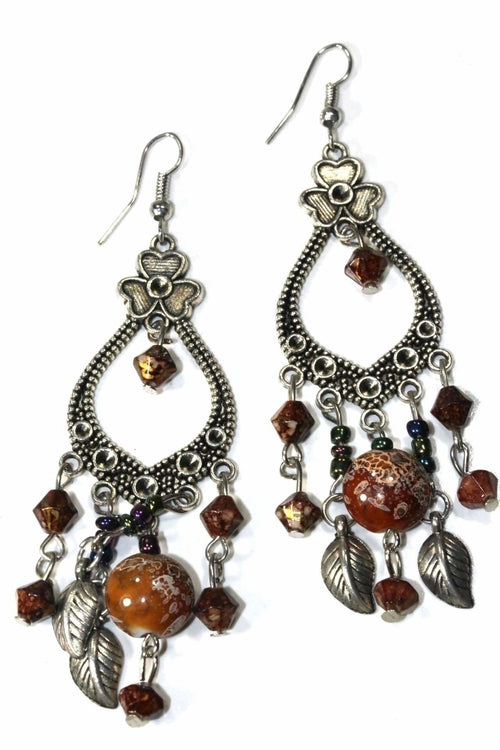 Shamrock Marbled Red Bead Dangle Earrings Boho Leaf