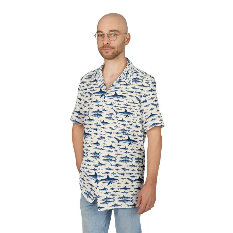 Ocean State Styles Shark Patterned Hawaiian Shirt Beachwear