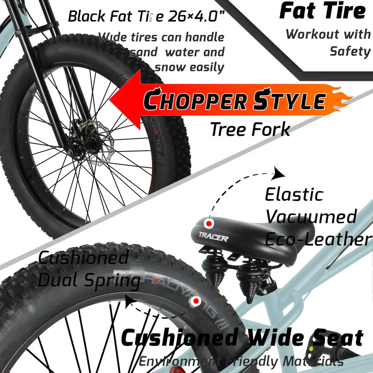 Tracer Siena GT 26'' Chopper Stretch Cruiser Fat Tire Bike Oversized Frame, Hi-rise Handlebar in 1 Speed/7 Speed