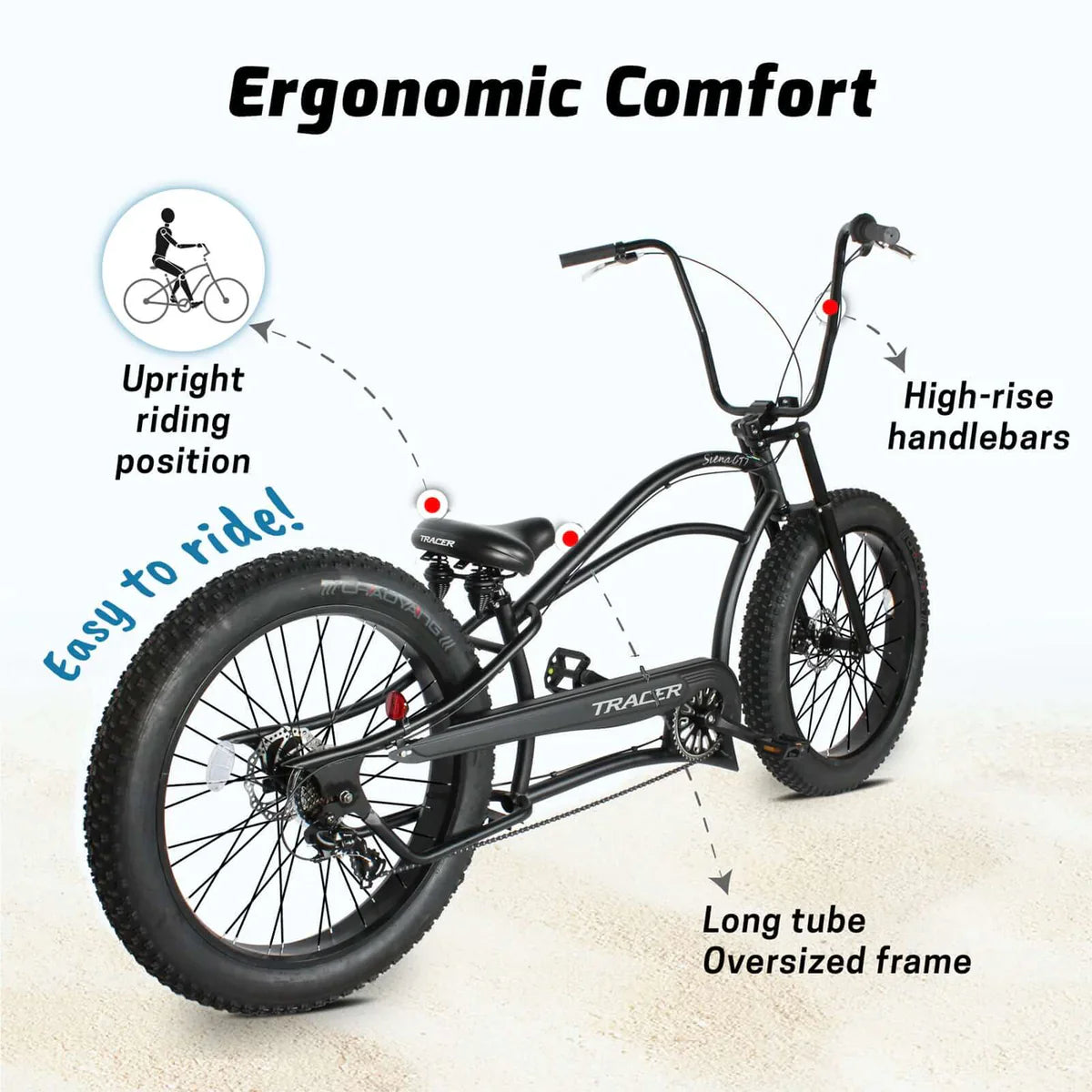 Tracer Siena GT 26'' Chopper Stretch Cruiser Fat Tire Bike Oversized Frame, Hi-rise Handlebar in 1 Speed/7 Speed