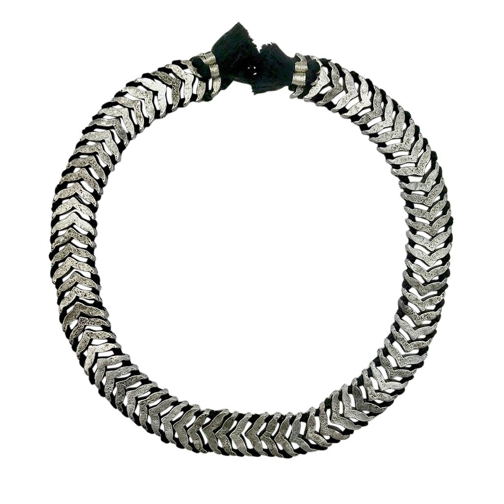 Silver Collar Necklace Statement Snake Chain With Cotton Tassels 17 Inch