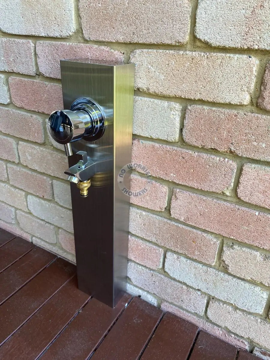 No Worries Showers Silver Outdoor Foot Wash Station 316L Marine Grade Stainless Steel, with a Garden Hose Connection & Hot & Cold Mixer