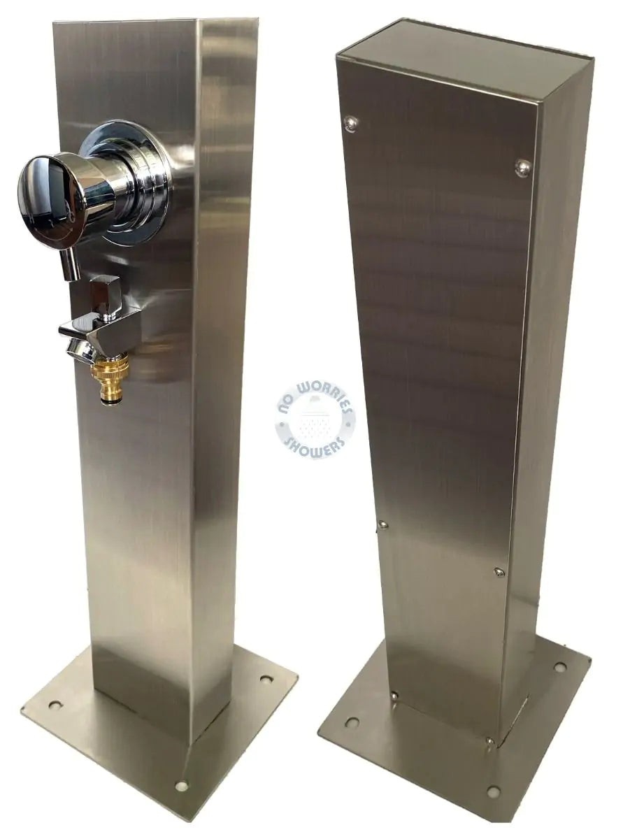 No Worries Showers Silver Outdoor Foot Wash Station 316L Marine Grade Stainless Steel, with a Garden Hose Connection & Hot & Cold Mixer