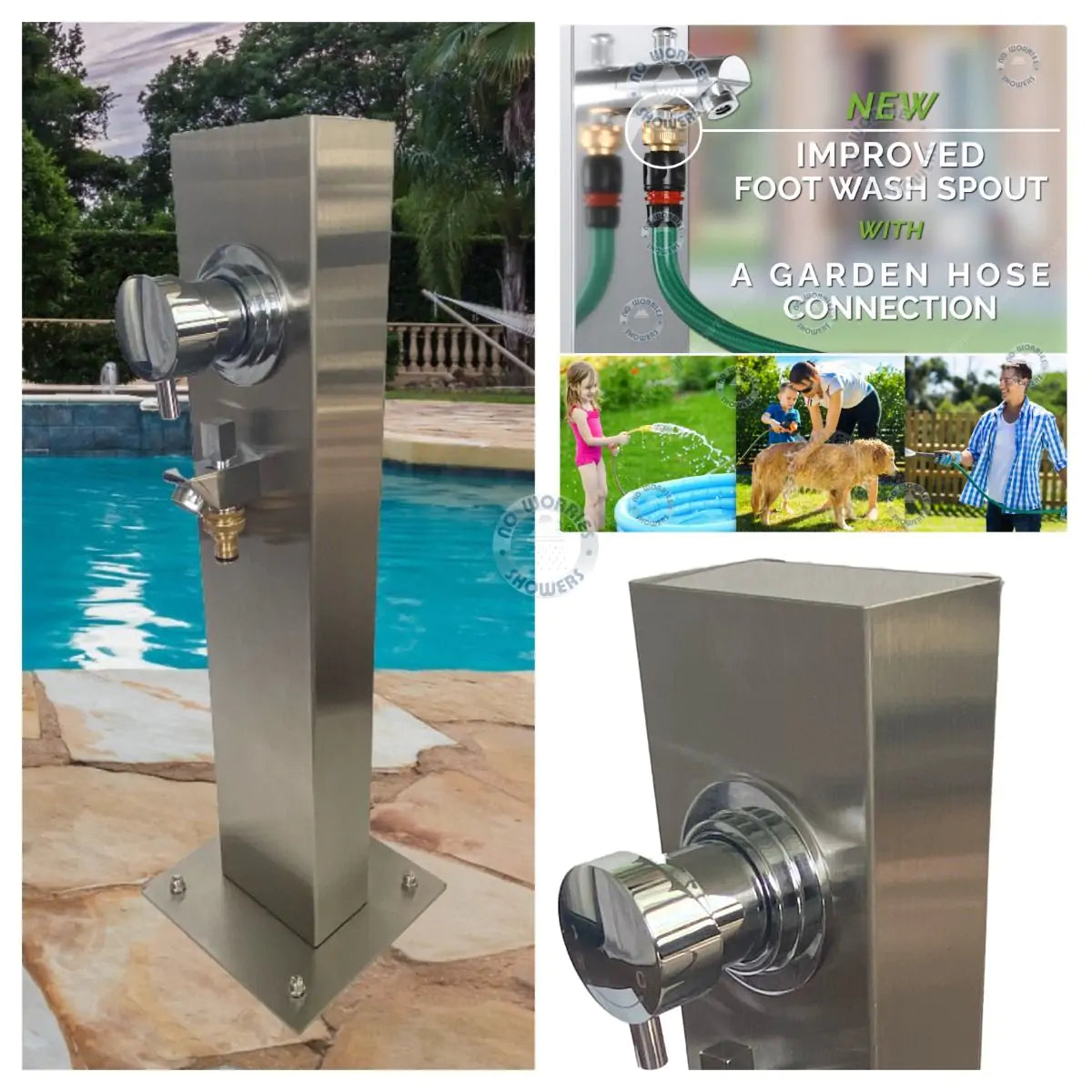 No Worries Showers Silver Outdoor Foot Wash Station 316L Marine Grade Stainless Steel, with a Garden Hose Connection & Hot & Cold Mixer