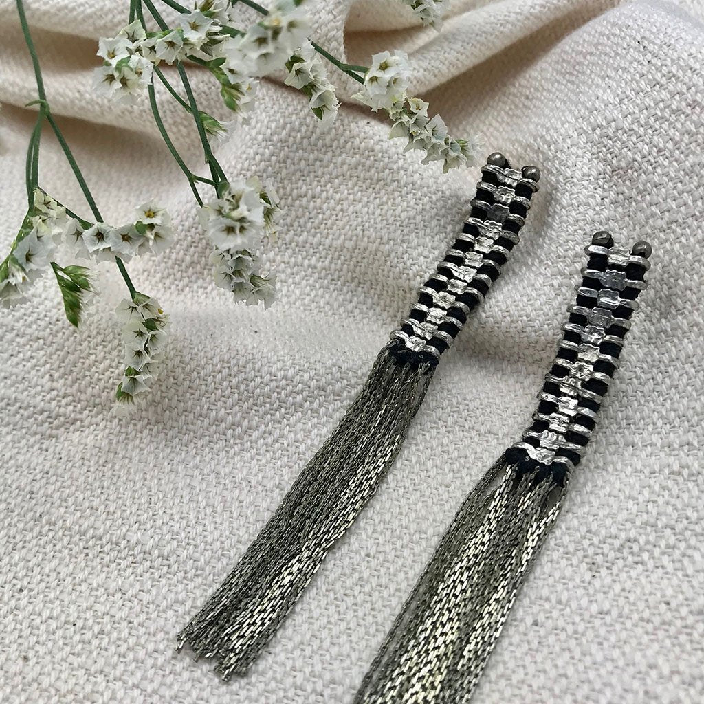 Silver Temple Tassel Earrings Boho Fringe Indian Statement 4.5in Handmade