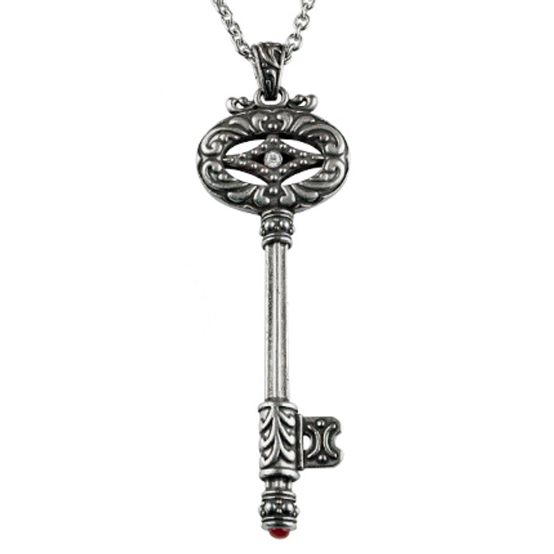 Silver Vintage Key Necklace Pendant Long Chain Charm